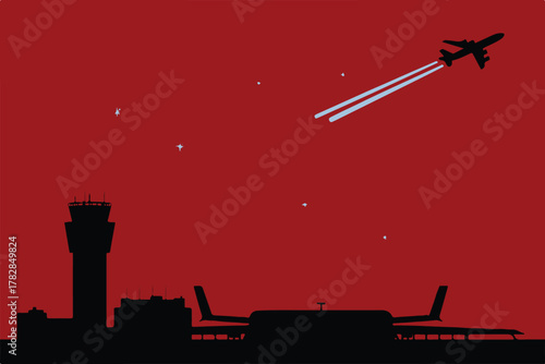 airport airplane runway terminal controltower evening tarmac scene with control tower and aircraft contrail