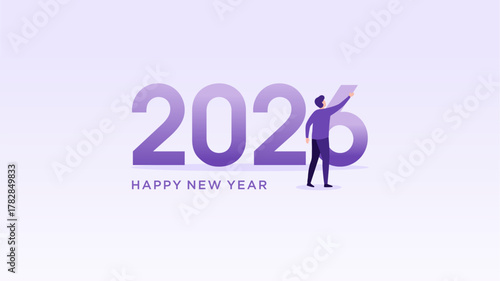 A person writes the number 2026 on a purple background for a Happy New Year greeting.