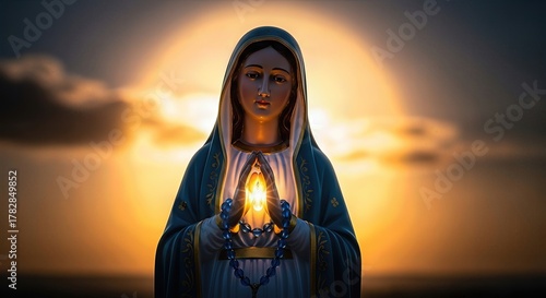 Our Lady of Caacupe Day in Paraguay, a holy Christian holiday. Virgin Mary statue clasps a luminous rosary, celebrating the Immaculate Conception feast at sunset.