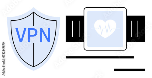 Shield marked VPN beside a smart health monitor displaying a heart icon with heartbeat line. Ideal for cybersecurity, health tech, online privacy, data protection, fitness tracking, telemedicine