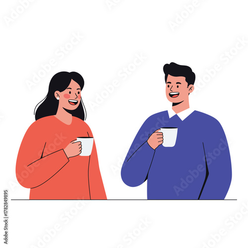Two happy employees are laughing and chatting cheerfully during a coffee break in the brightly colored office kitchen, illustrating friendly colleague communication in a clean flat 2D vector.