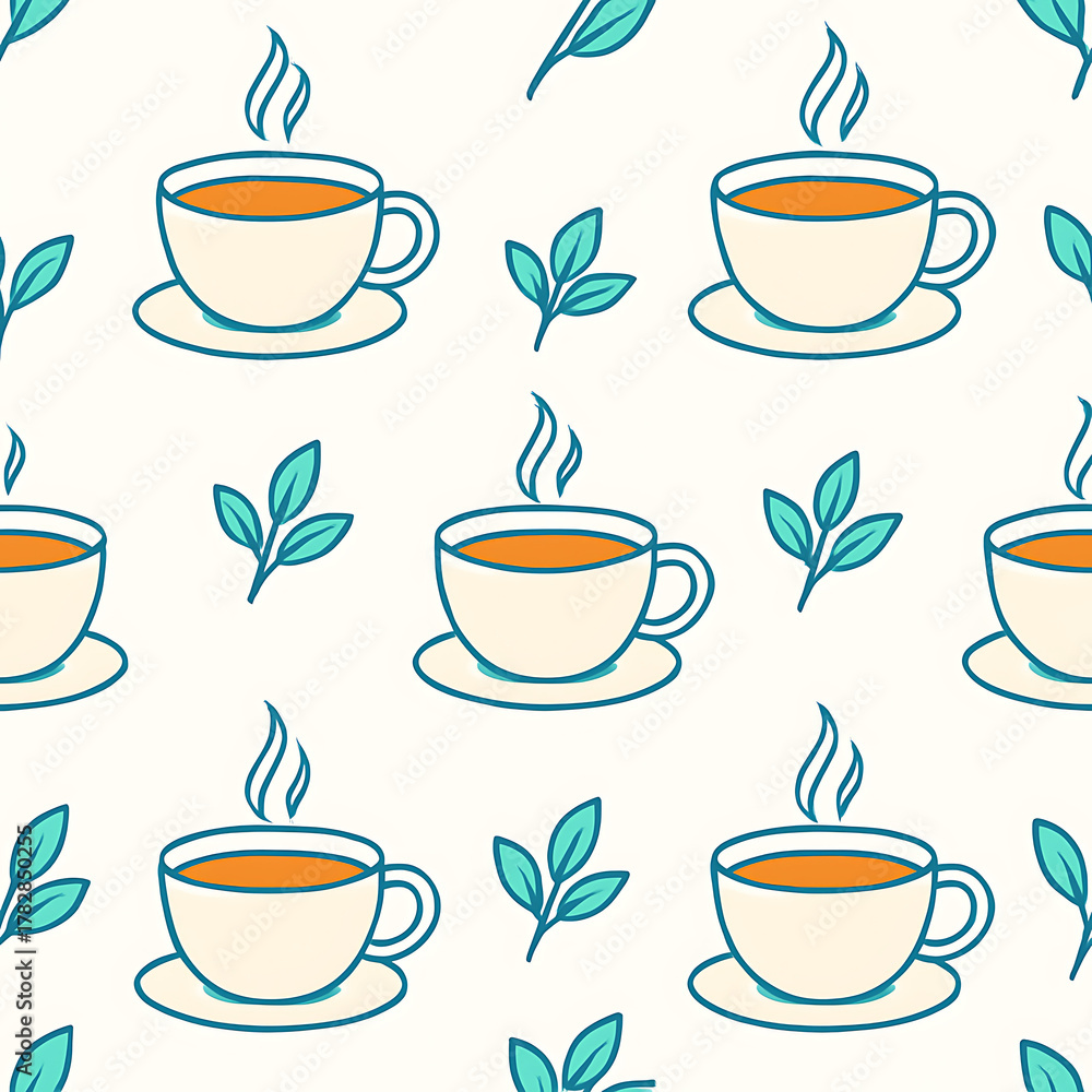 Obraz premium Cute HandDrawn Tea and Leaves Seamless Pattern.