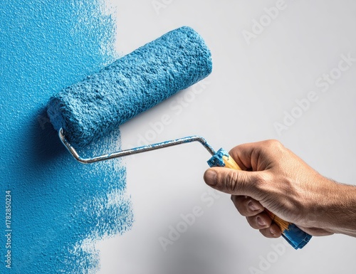 Roller applies bright blue paint to blank wall