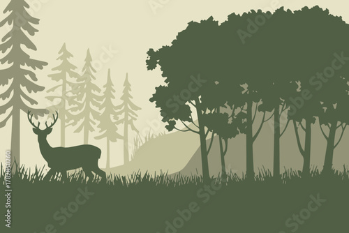 deer silhouette in tall grass layered woodland vector composition