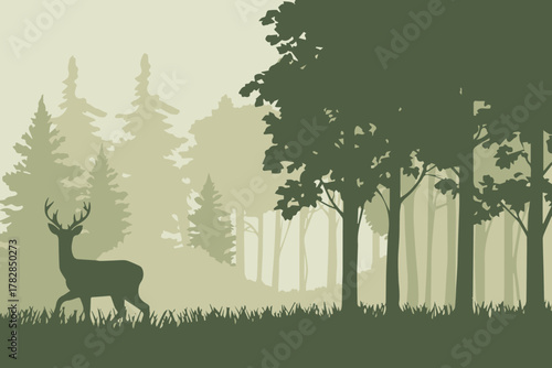 deer standing among trees layered forest vector landscape scene