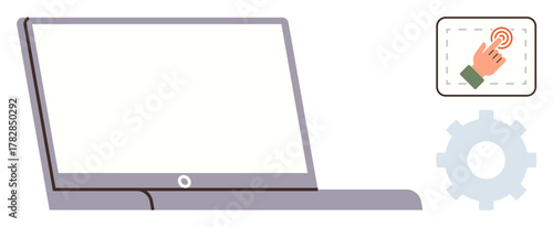 Open laptop with blank screen, touch interaction icon, and gear symbol. Ideal for technology, user interface, IT systems, automation, education software development customization. Simple flat