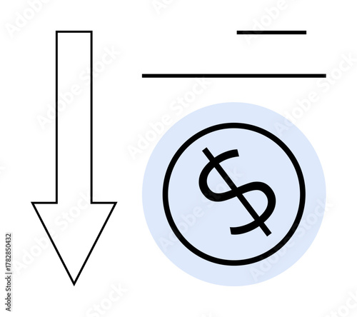 Downward arrow and dollar sign inside a circle with lines, representing financial decline, cost saving, budgeting, or price reduction. Ideal for finance, economics, business, losses debt savings