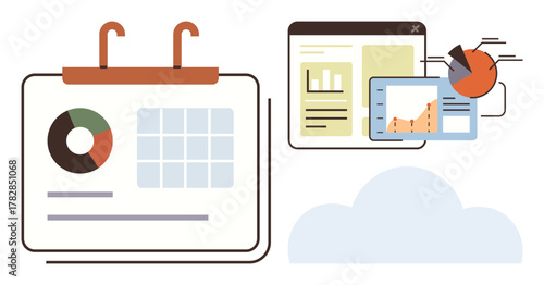Calendar with charts, bar and pie graphs, and data interface over a cloud outline. Ideal for analytics, planning, project management, cloud services, statistics workflow and reporting. Simple flat