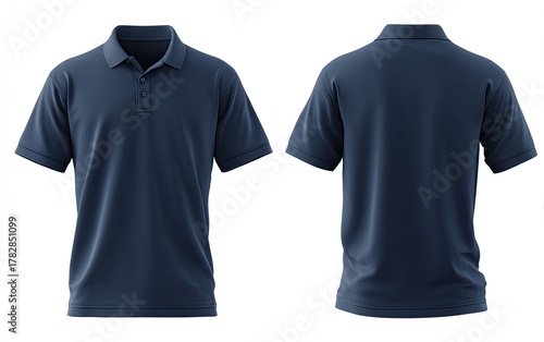 Navy polo shirt, front and back view, isolated on white
