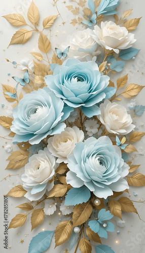 Elegant Blue and White Roses with Golden Leaves and Butterflies.