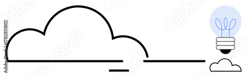 Minimalist black cloud with blue glowing eco-friendly light bulb featuring plant sprouts. Ideal for sustainability, green energy, innovative thinking, renewable resources, technology, cloud