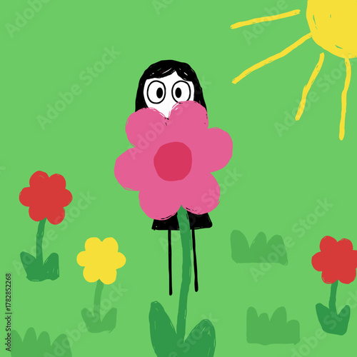 Girl hiding behind a large pink flower in a colorful garden. Doodle drawing in the style.