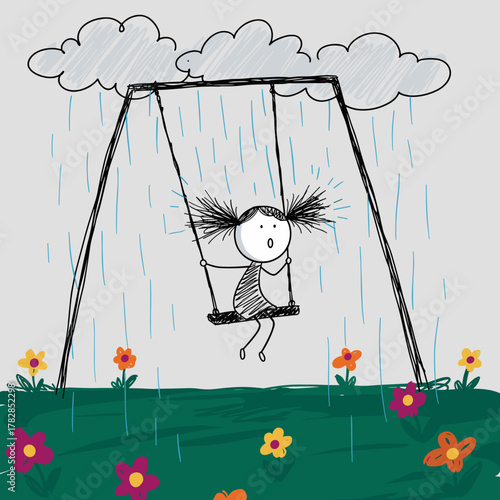 Girl swinging alone in the rain with colorful flowers around. Doodle drawing in the style. 