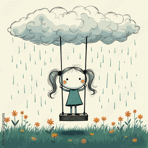 Girl swinging under a rain cloud with flowers in the grass. Doodle drawing in the style.   