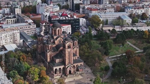 Aerial View of St. Mark Orthodox Church in Downtown Belgrade, Serbia on Sunny summer Day