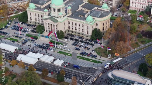 Aerial manifestation, People on Streets in Belgrade for Protest in Belgrade, Serbia. people in street by parliament in anti-government protests in capital Belgrade. Center of the city, Crowd of people