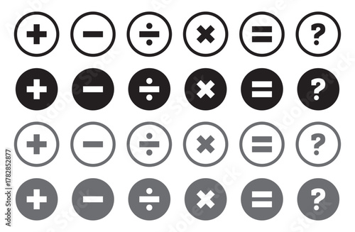 Plus, minus, multiply, divide and equal sign icon design set. Addition, subtraction, multiplication, division, equal sign, icon symbol. Mathematical symbol icon. Mathematics shapes. plus and minus