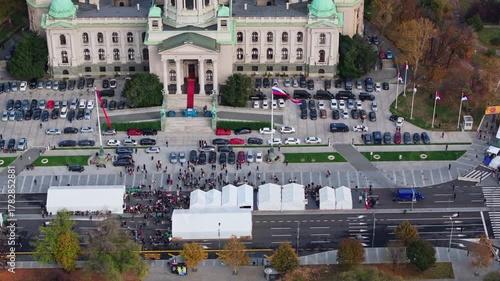 Aerial manifestation, People on Streets in Belgrade for Protest in Belgrade, Serbia. people in street by parliament in anti-government protests in capital Belgrade. Center of the city, Crowd of people