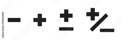 Vector plus and minus icons set. Plus icon, Minus icon, Multiply icon, Divide icon on isolated white background. Vector isolated icons. Eps symbol pack. isolated vector icons pack. EPS 10.