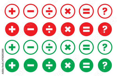 Vector plus and minus icons set. Plus icon, Minus icon, Multiply icon, Divide icon on isolated white background. Vector isolated icons. Eps symbol pack. isolated vector icons pack. EPS 10.