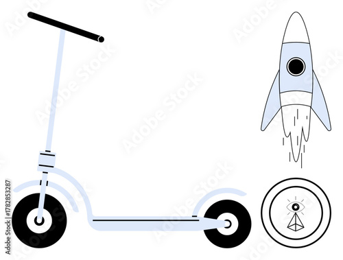 Scooter and rocket inspire mobility and innovation, all-seeing eye suggests vision and awareness. Ideal for technology, transport, exploration, vision, simplicity, minimalism, startup simple flat