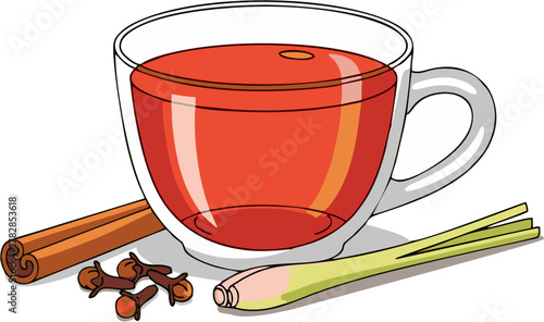 Warm and Spicy Herbal Tea with Cinnamon Sticks, Cloves, and Lemongrass Illustration