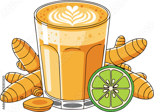 A beautifully illustrated traditional turmeric latte, a healthy golden milk beverage in a glass with latte art, surrounded by fresh turmeric root and a slice of lime