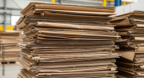 Pile of flattened cardboard boxes stacked in warehouse environment. Flattened cardboard boxes are neatly arranged and stored for recycling or shipping purposes.