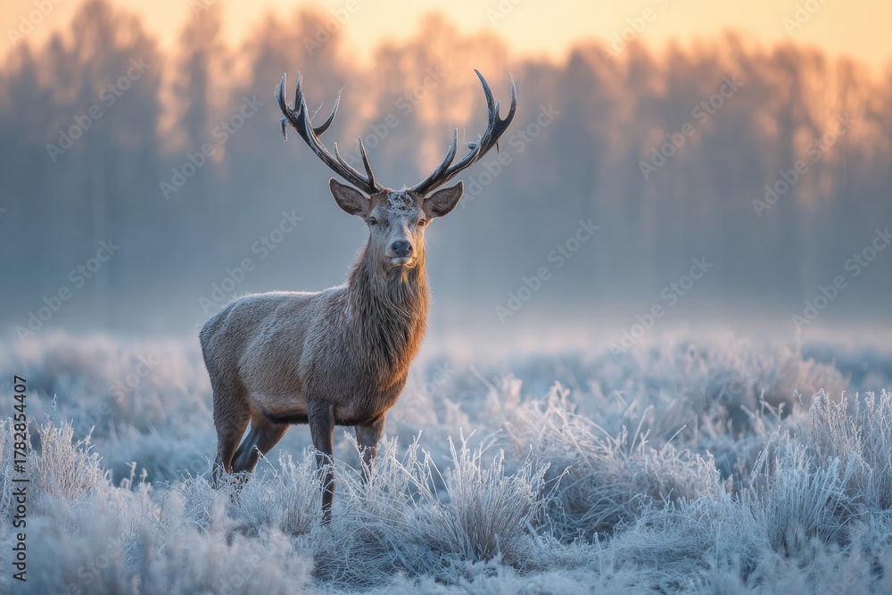 Naklejka premium Majestic Stag Stands Tall in Frosty Meadow at Sunrise Highlighting Natures Beauty and Tranquility
