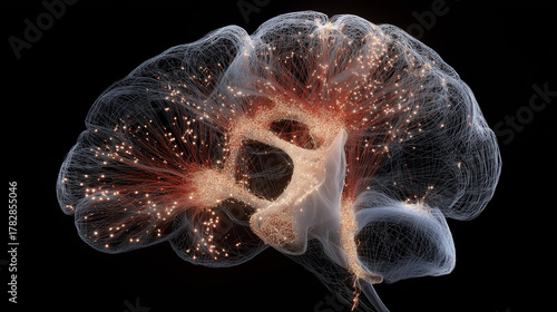 A PTSD visualization showing a hyperactive amygdala in a wireframe brain scan, constantly sending fear signals.