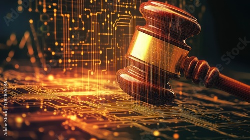 Digital Justice Gavel on Circuit Board Background