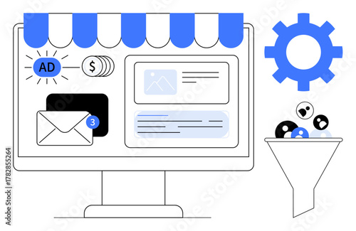 Desktop screen with emails, ads, and icons showing marketing tools. Blue gear and sales funnel highlight conversion process. Ideal for digital strategy, conversion, SEO, branding, data flow content