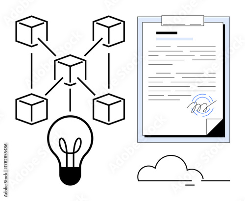 Blockchain flow diagram, signed smart contract, glowing light bulb, and cloud. Ideal for blockchain, innovation, technology, digital transformation, contracts decentralization simple flat metaphor