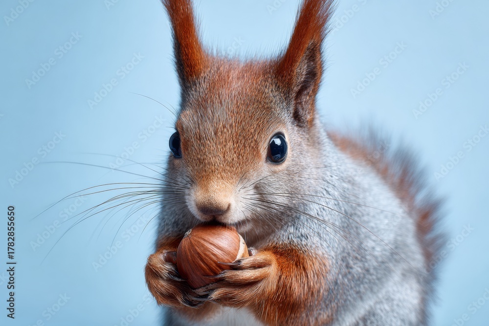 Obraz premium Close View of a Cute Squirrel Holding a Hazelnut With a Soft Blue Background During a Sunny Afternoon in a Natural Setting