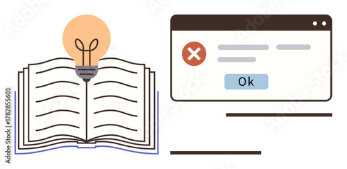 Open book with lightbulb above symbolizing inspiration, paired with error popup suggesting challenges. Ideal for education, learning, creativity, problem-solving, innovation, knowledge