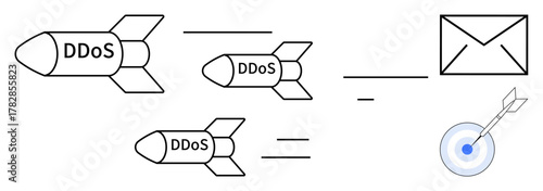 DDoS missiles launch toward an email envelope and a target with an arrow hit. Ideal for cyberattack, digital threat, technology, security, data breach, internet risk, simple flat metaphor