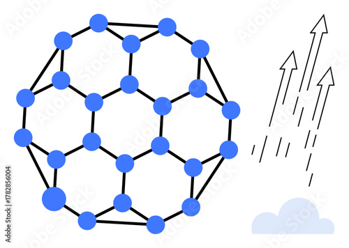Sphere with interconnected nodes and network pattern beside upward arrows and cloud shape. Ideal for innovation, technology, connectivity, growth, digitalization, development, modern concepts. Simple