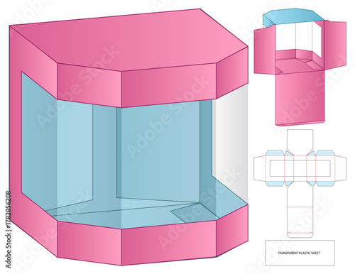 Transparent Plastic Box Dieline Vector with Colored Net and 3D Assembly View