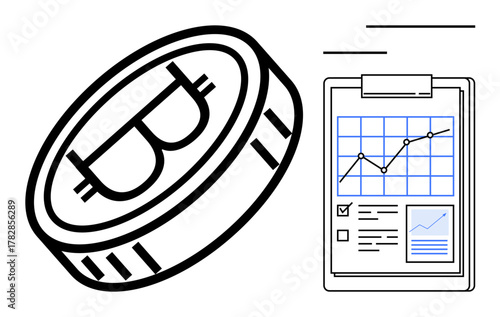 Bitcoin coin next to analytics clipboard showing a growth chart and data insights. Ideal for cryptocurrency, blockchain, fintech, investments, data analysis, finance, digital economy. Simple flat