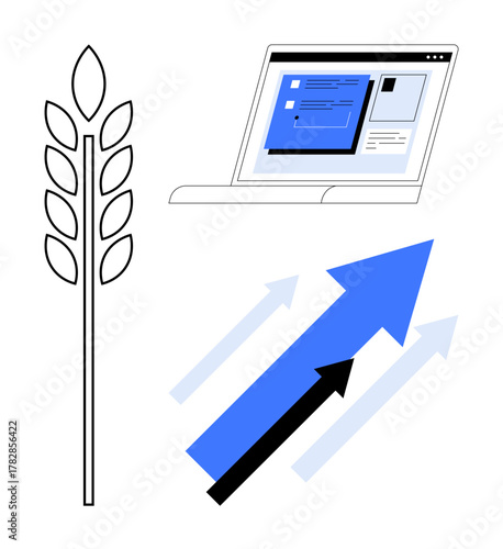 Wheat sprig, laptop with digital data, and upward arrows representing growth, farming innovation, and success. Ideal for agriculture, technology, economics, sustainability progress analytics