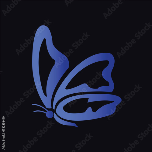 This image features a minimalist, modern illustration of a butterfly. The design uses smooth, curved shapes with an elegant blue gradient effect. The dark background contrasts and makes the butterfly 