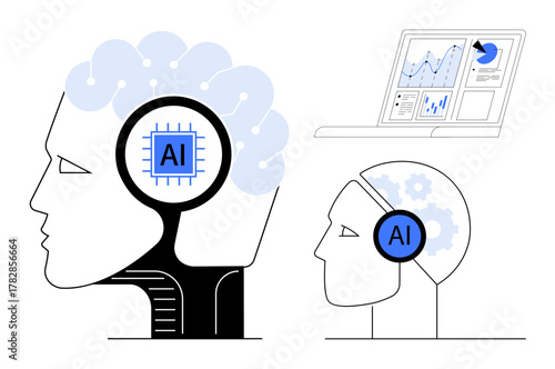 AI chip embedded in human-thumbs up heads, gears in the brain, and data charts on a laptop. Ideal for innovation, technology, neural networks, artificial intelligence, analytics, futurism