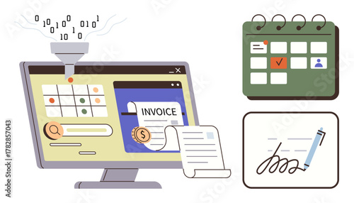 Computer screen showing invoice processing, data funnel filtering, calendar planner, e-signature pad. Ideal for finance, productivity, automation, scheduling, e-signing recordkeeping flat metaphor
