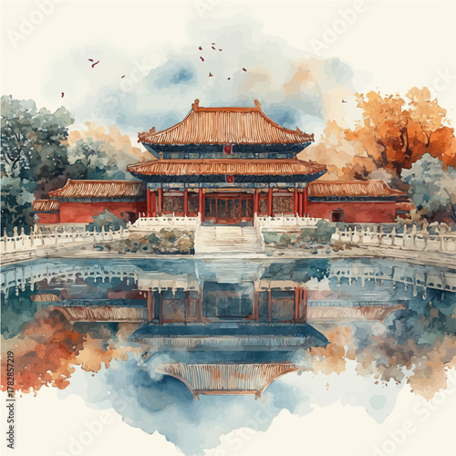 National Museum Of China, watercolor drawing vector, isolated on a white background.