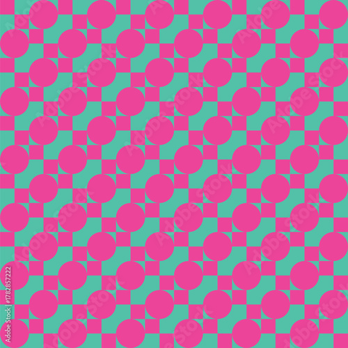 Pattern created from pink squares and circles against a turquoise background