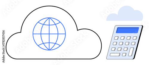 Cloud outline with a globe icon representing internet connectivity next to a calculator. Ideal for technology, digital finance, cloud services, IT solutions, global business, data analysis, simple