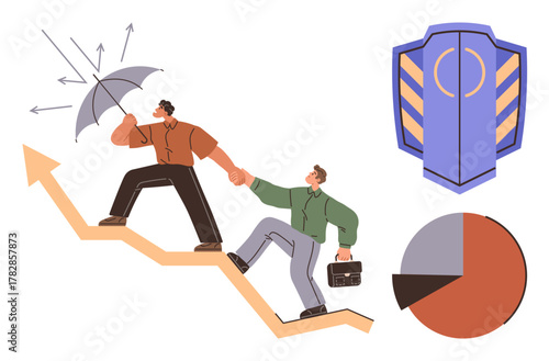 Two people climbing upward, one shielding with an umbrella, a shield icon, and a pie chart. Ideal for teamwork, risk management, leadership, safety growth partnership success. Simple flat metaphor
