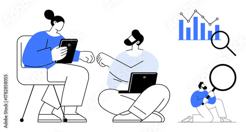 Two people use tablets and laptops, analyzing a graph, exploring data with a magnifying glass. Ideal for teamwork, analysis, research, problem-solving, communication, brainstorming innovation