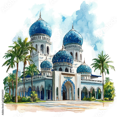 watercolor vector of National Mosque Of Malaysia, isolated on a white background.