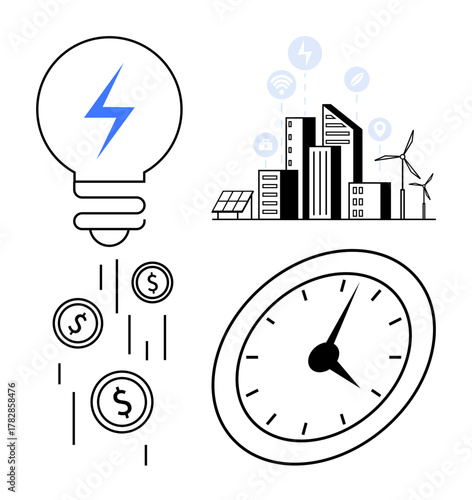 Lightbulb with coins, modern cityscape with renewable energy sources, clock showing time management. Ideal for sustainability, green technology, energy saving, ecology, innovation, smart city
